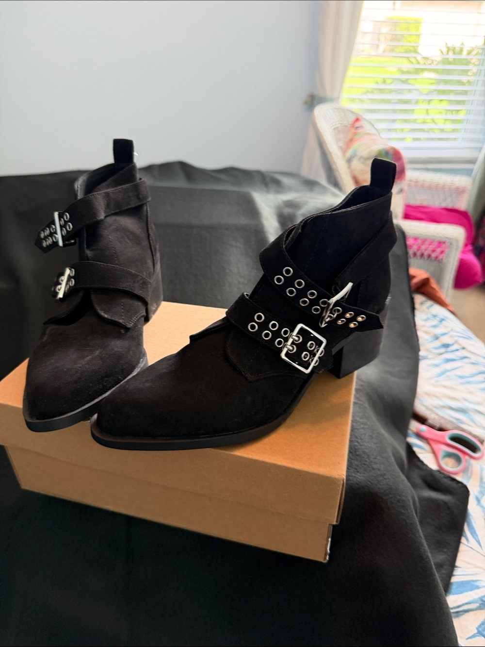 Divided Black Suede Buckle Strap Ankle Booties